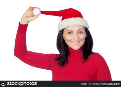 Playful girl with Christmas hat on a over white background