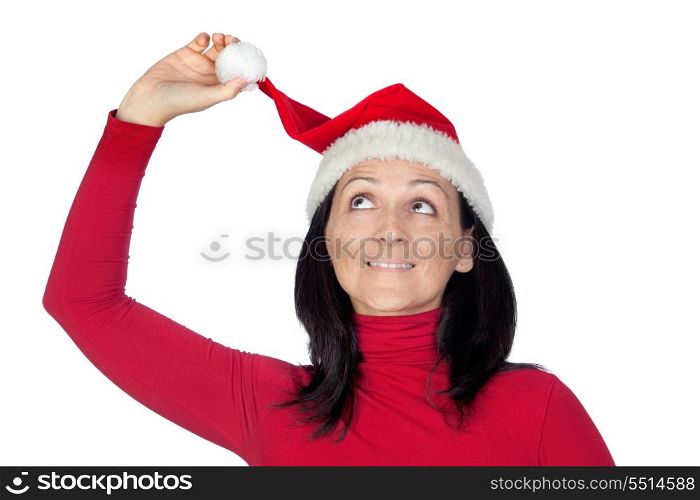 Playful girl with Christmas hat on a over white background