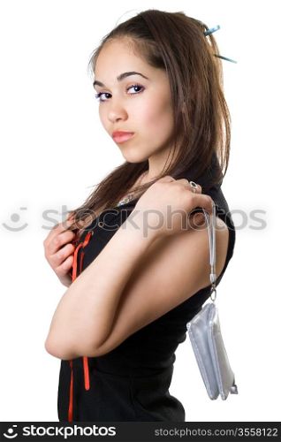Playful lady with small bag in black. Isolated on white