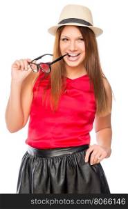 playful young woman with glasses on a white background