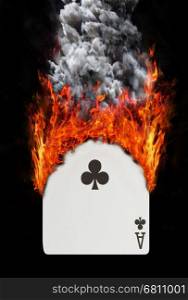 Playing card with fire and smoke, isolated on white - Ace of clubs