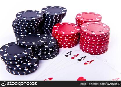 playing cards and poker chips on white background