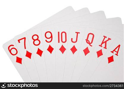 playing cards of colour of diamonds isolated on white background, deal on increase