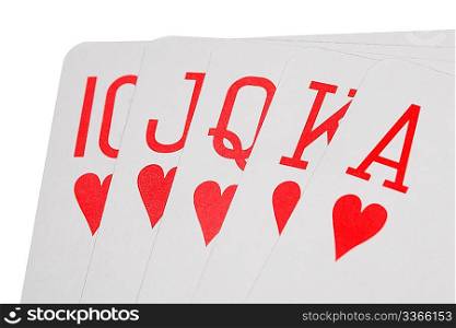 playing cards of colour of hearts isolated on white background, royal flush of hearts