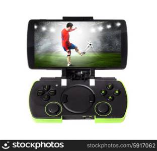 playing sports game. Modern smartphone connected with gamepad, isolated on white background