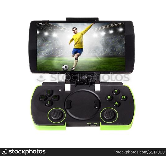 playing sports game. Modern smartphone connected with gamepad, isolated on white background