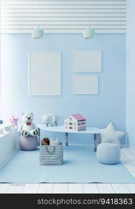 Playroom with dolls and picture frames, 3d style.