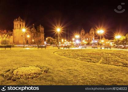 Plaza de Armas at night. It is a central square in Cusco, Peru.