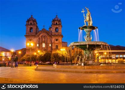 Plaza de Armas at sunset. It is a central square in Cusco, Peru.