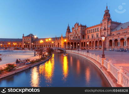 Plaza de Espana at night in Seville, Spain. Spain Square or Plaza de Espana in Seville during evening blue hour, Andalusia, Spain