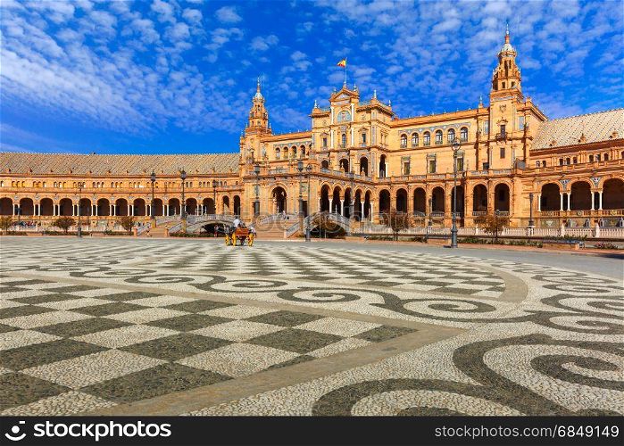Plaza de Espana at sunny day in Seville, Spain. Spain Square or Plaza de Espana in Seville in the sunny summer day, Andalusia, Spain.