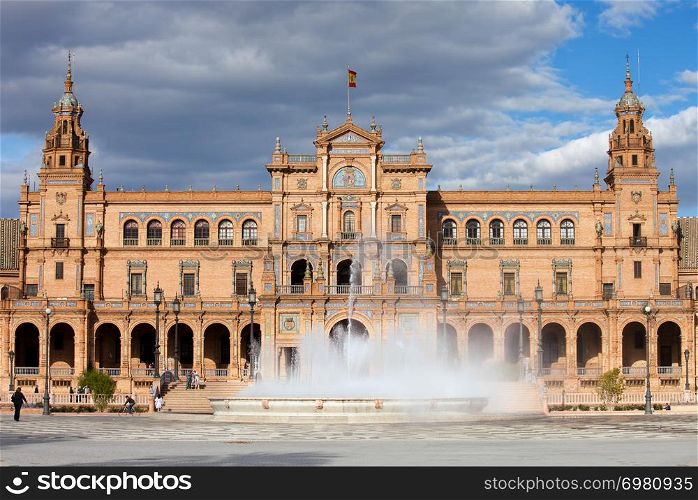 Plaza de Espana (Spain&rsquo;s Square) Renaissance Revival style pavilion and fountain in Seville, Andalusia, Spain.