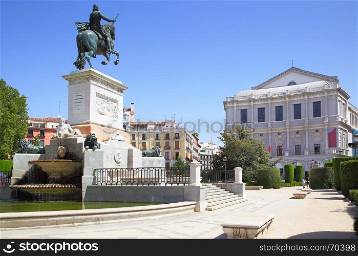 Plaza de Oriente in Madrid with monument of Felipe IV (was opend in 1843) and Opera, Spain.