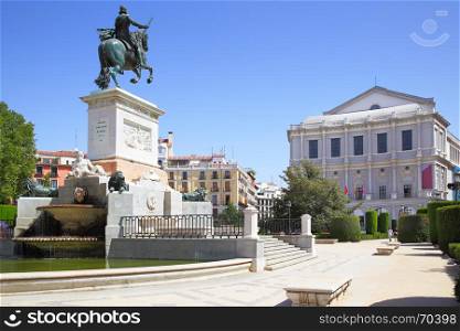 Plaza de Oriente in Madrid with monument of Felipe IV (was opend in 1843) and Opera, Spain.