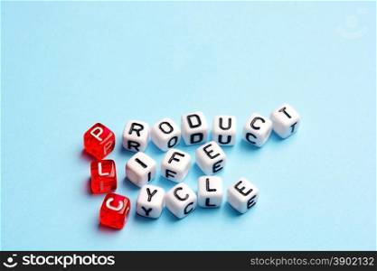 PLC Product Life Cycle written on dices on blue background