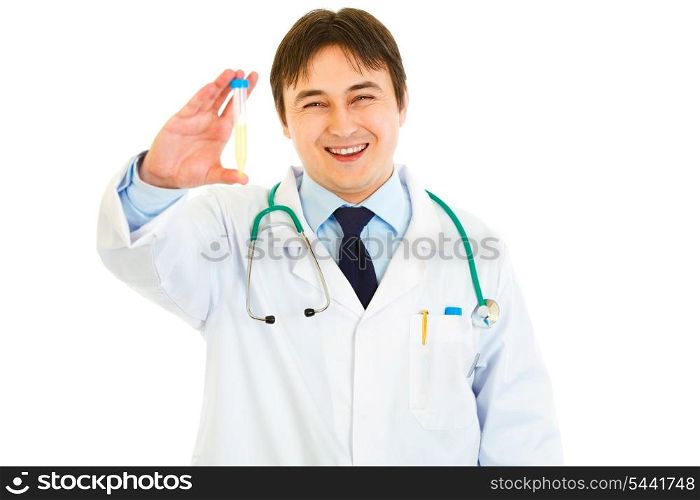 Pleased medical doctor holding test tubes in hand isolated on white&#xA;