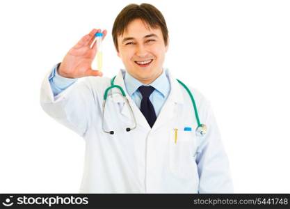 Pleased medical doctor holding test tubes in hand isolated on white&#xA;
