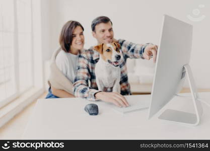 Pleased young woman and man watch computer content, point into screen of monitor, watch funny video, focus on dog, pose at white desktop, search movie on website, develop new startup project