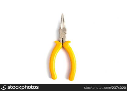 Pliers with yellow insulating handles on a white background. Working tool for repair.. Pliers with yellow insulating handles on white background. Working tool for repair.