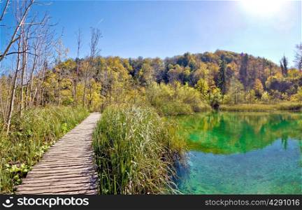 Plitvice lakes national park boardwalk through green water