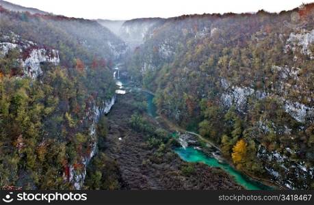 Plitvice lakes national park - early morning autumn view - canyon in fog