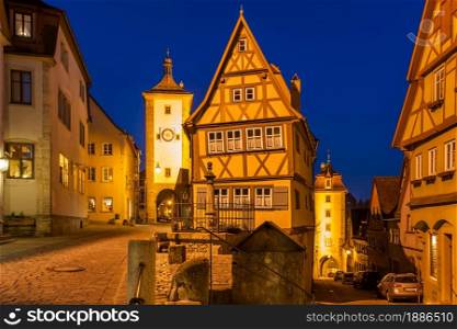 Plonlein square in Rothenburg ob der Tauber at night, Germany. German cityscape