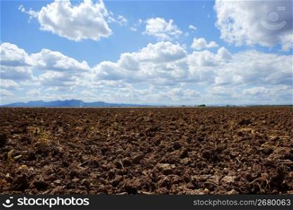 plough plowed brown clay soil field blue sky horizon