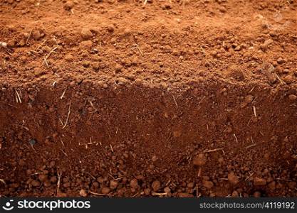 Ploughed red clay soil agriculture fields