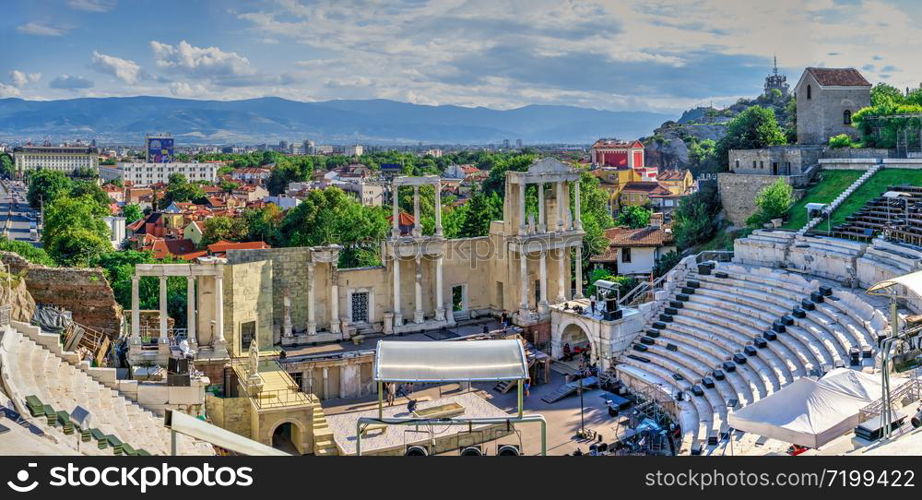 Plovdiv, Bulgaria - 07.24.2019. Ancient Roman amphitheater in Plovdiv, Bulgaria. Big size panoramic view on a sunny summer day. Roman amphitheater in Plovdiv, Bulgaria