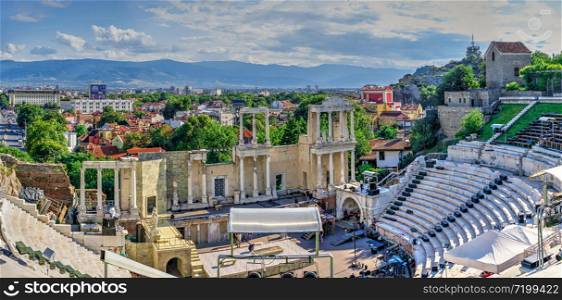 Plovdiv, Bulgaria - 07.24.2019. Ancient Roman amphitheater in Plovdiv, Bulgaria. Big size panoramic view on a sunny summer day. Roman amphitheater in Plovdiv, Bulgaria
