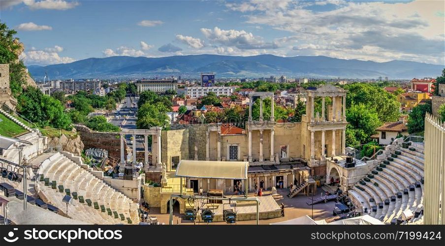 Plovdiv, Bulgaria - 07.24.2019. Ancient Roman amphitheater in Plovdiv, Bulgaria. Big size panoramic view on a sunny summer day. Roman amphitheater in Plovdiv, Bulgaria