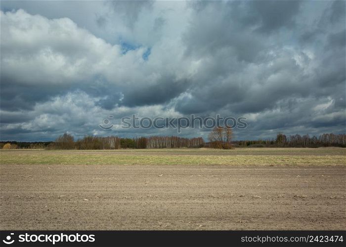 Plowed farmland and dark rainy clouds in the sky, Nowiny, Poland