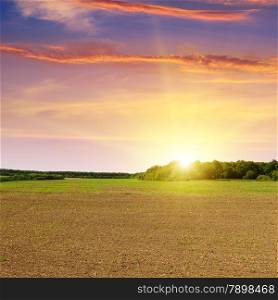 plowed field and beautiful sunset