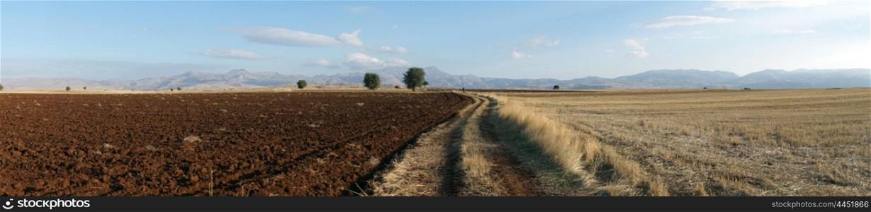 Plowed land and dirt road in Turkey