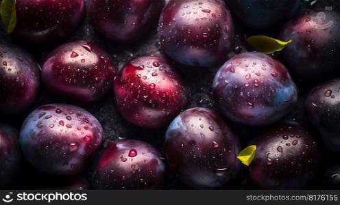 Plum seam≤ss background with water drops, top view, flat lay. Ge≠rative AI. High quality illustration. Plum seam≤ss background with water drops, top view, flat lay. Ge≠rative AI