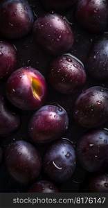 Plum seamless background with water drops, top view, flat lay. Generative AI. High quality illustration. Plum seamless background with water drops, top view, flat lay. Generative AI