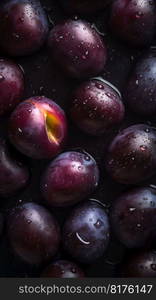 Plum seamless background with water drops, top view, flat lay. Generative AI. High quality illustration. Plum seamless background with water drops, top view, flat lay. Generative AI