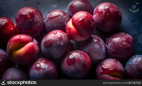 Plum seamless background with water drops, top view, flat lay. Generative AI. High quality illustration. Plum seamless background with water drops, top view, flat lay. Generative AI