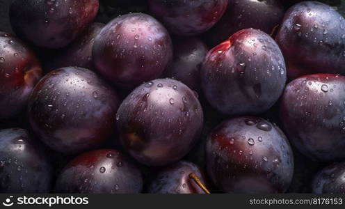 Plum seamless background with water drops, top view, flat lay. Generative AI. High quality illustration. Plum seamless background with water drops, top view, flat lay. Generative AI