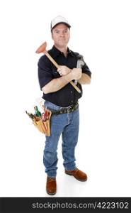 Plumber-handyman with his tools. Full body isolated on white. Hat is blank for your text.