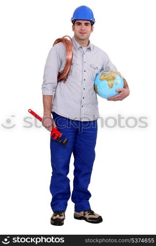 Plumber holding a globe