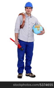 Plumber holding a globe