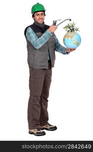 Plumber holding globe