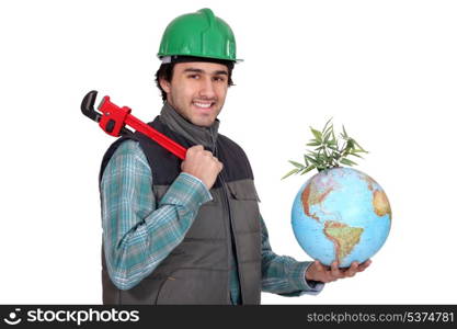 Plumber with a wrench and a globe