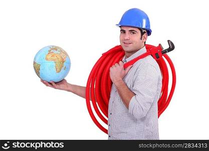 Plumber with globe in hand