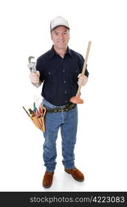 Plumber with his tools. Full body isolated on white.