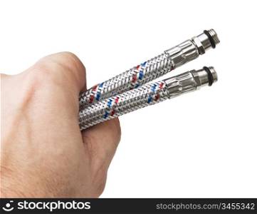 plumbing hoses in hand isolated on white background