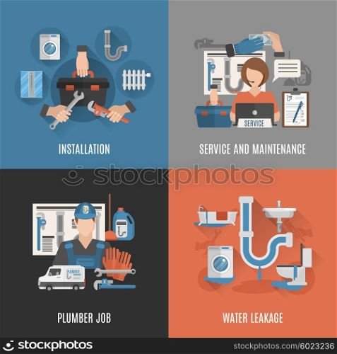 Plumbing service 4 flat icons square . Online plumbing service for sanitary installations maintenance and leakage fixing 4 flat icons square abstract vector illustration