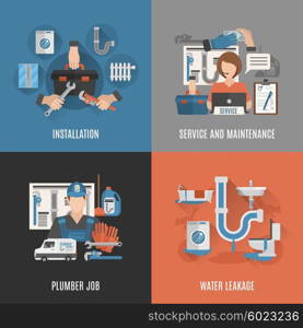 Plumbing service 4 flat icons square . Online plumbing service for sanitary installations maintenance and leakage fixing 4 flat icons square abstract vector illustration