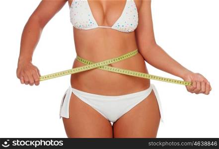 Plump girl's with a tape measure isolated on a white background